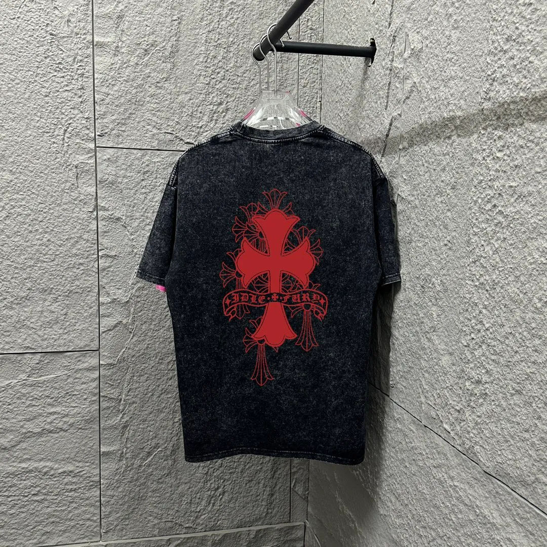 🅿️180 CH* Crow Heart* 2025 spring and summer new style Snowflake distressed washed retro round neck short sleeves Chest and front logo Horseshoe print Customized fabric Short-sleeved T-shirt Unisex Size: S M L XL XXL Color: Snowflake Black Snowflake Gray Snowflake Pink Snowflake Blue